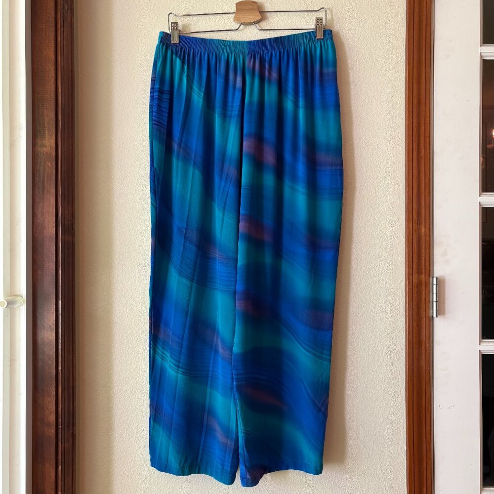 Vintage 100% Silk Pants Wide Leg Blue Teal Wave Size 12 / 14 Made in U.S.A.